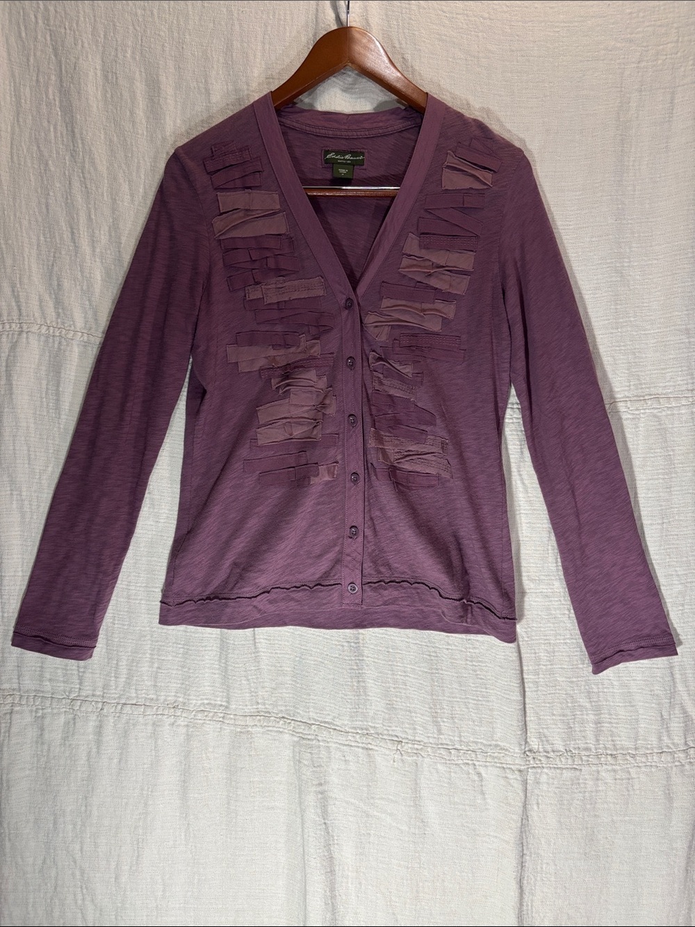 Eddie Bauer Plum Ruffle-Trim V-Neck Cardigan 100% Cotton Ribbons 30% Silk Blend